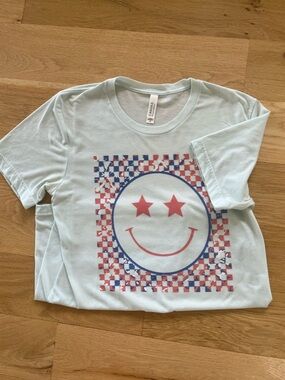 Pink Lilly Light blue Graphic Tee with Red and Navy Checker Smiley